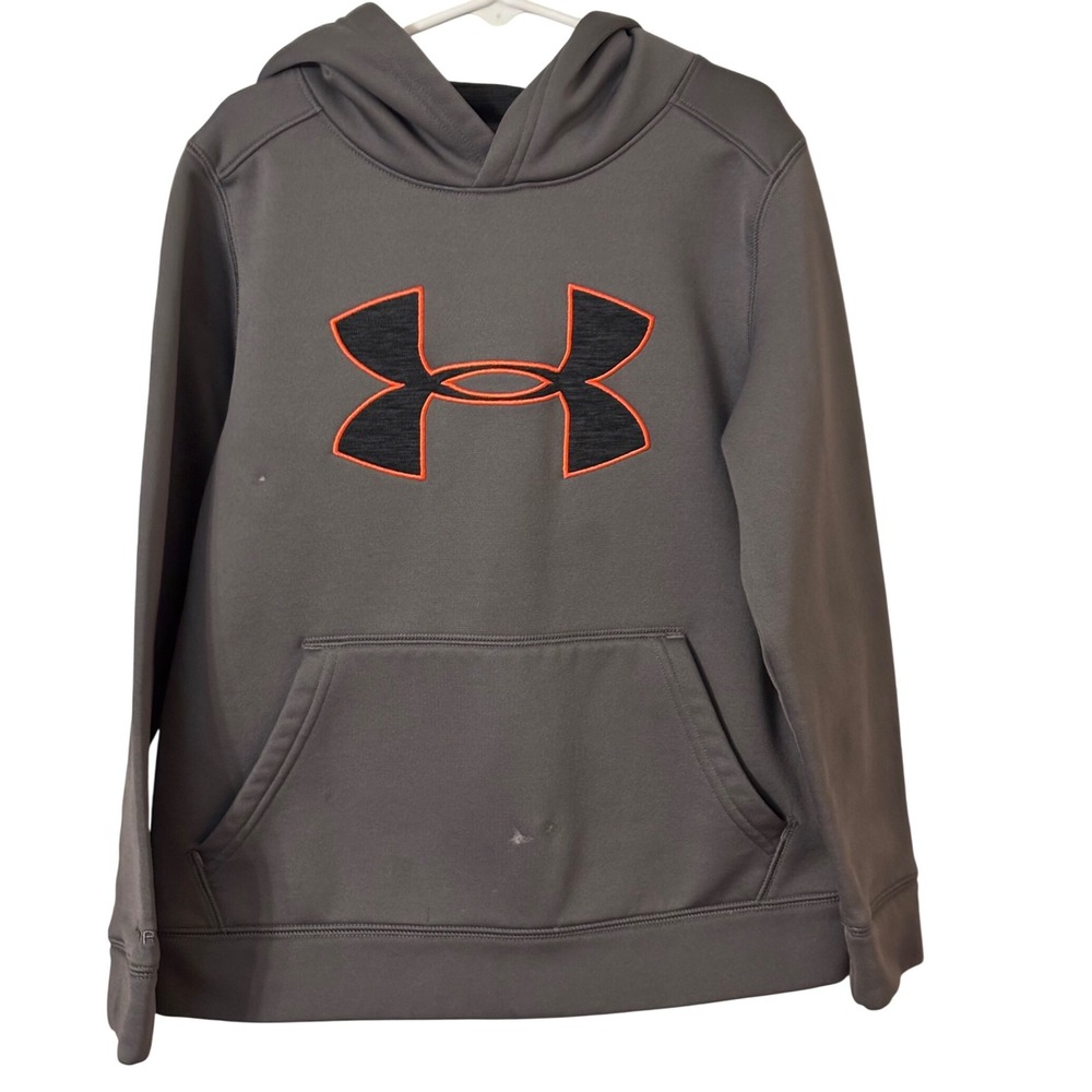Under‎ Armour Kids Gray Hoodie Youth Small Orange Logo Pullover Sweatshirt NOTE!